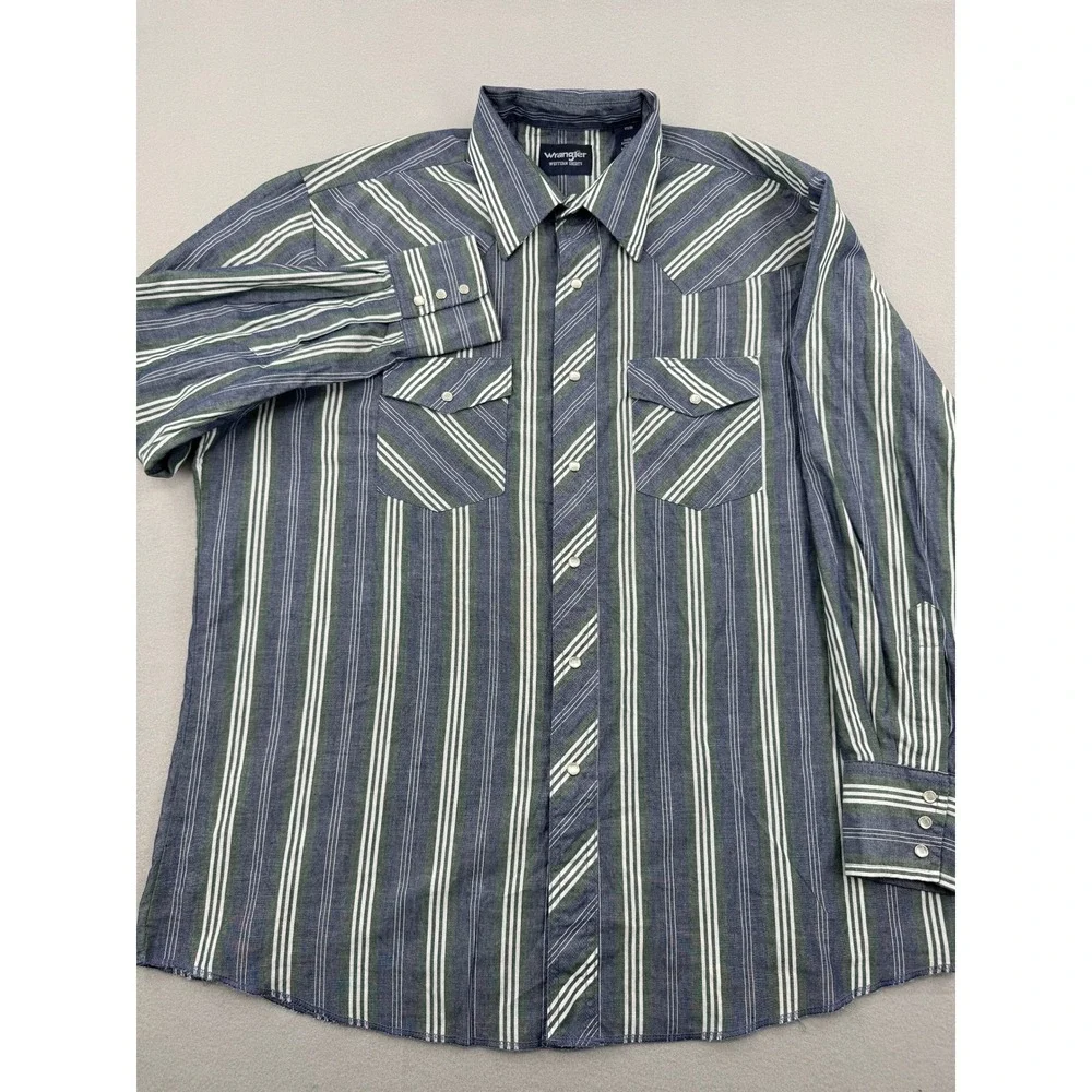 Wrangler Pearl Snap Western Shirt Mens XL 17x35 Striped Blue/Green Long Sleeve
